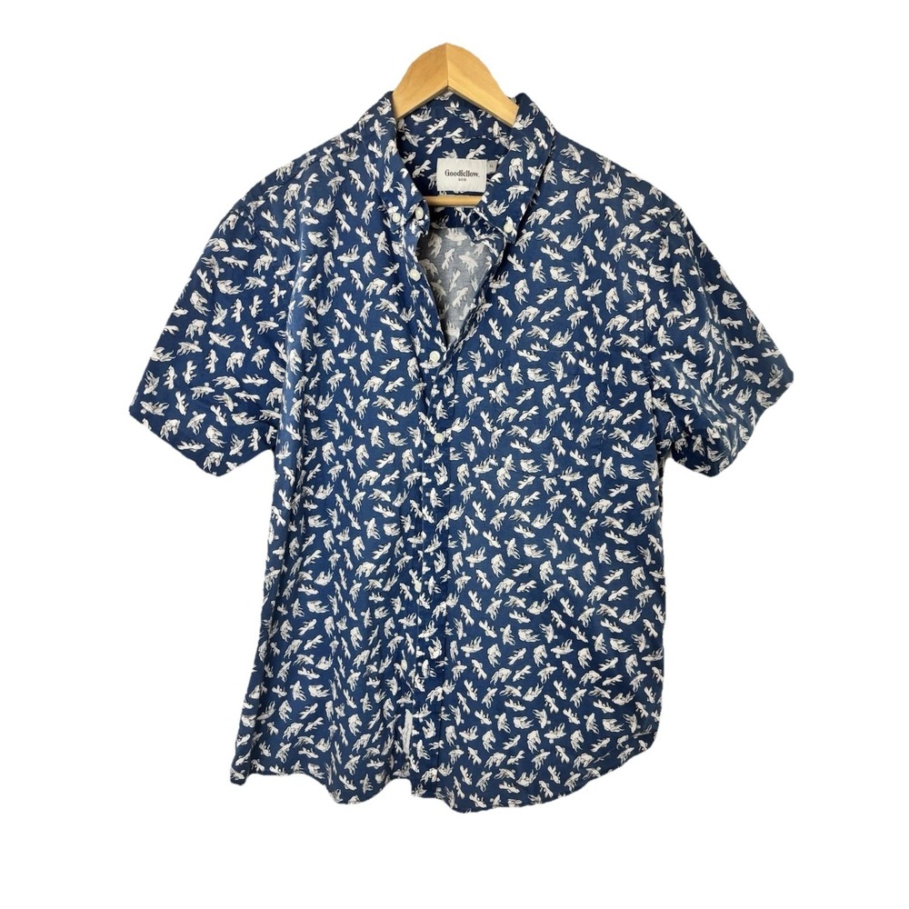 Good fellow Men's XL Slim FISH‎ PATTERN Button Down Sh/Sleeve Blue White Cotton